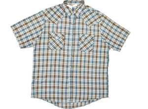 Western Frontier Men's Brown Blue Plaid Snap Button Shirt Short Sleeve Size L